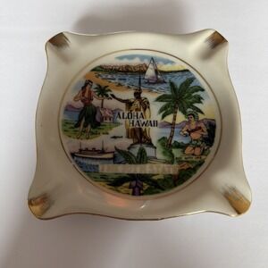 Vintage Hawaii Porcelain Ashtray 50th State Hula Hibiscus Uke Aloha Diamond Head
